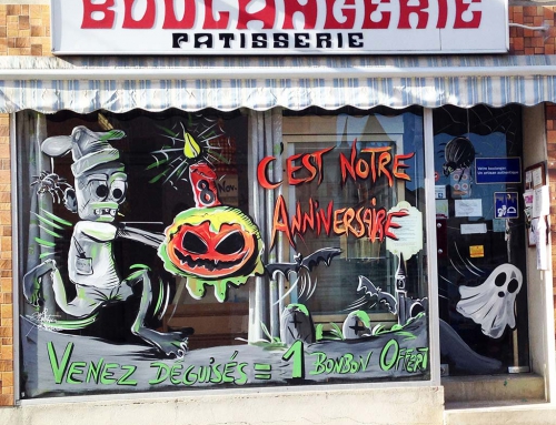 Peinture sur Vitrine pour Halloween et anniversaire de la boulangerie Morin