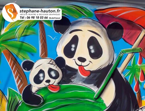« La magie artistique des peinture sur vitrines: un panda fruité pour votre marché de fruits et légumes! »